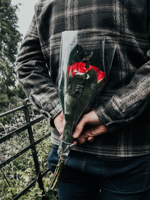 A person wearing a dark checkered jacket is holding a bouquet of fresh red and white roses wrapped in clear cellophane, with green foliage visible among the flowers. The bouquet is secured with a simp